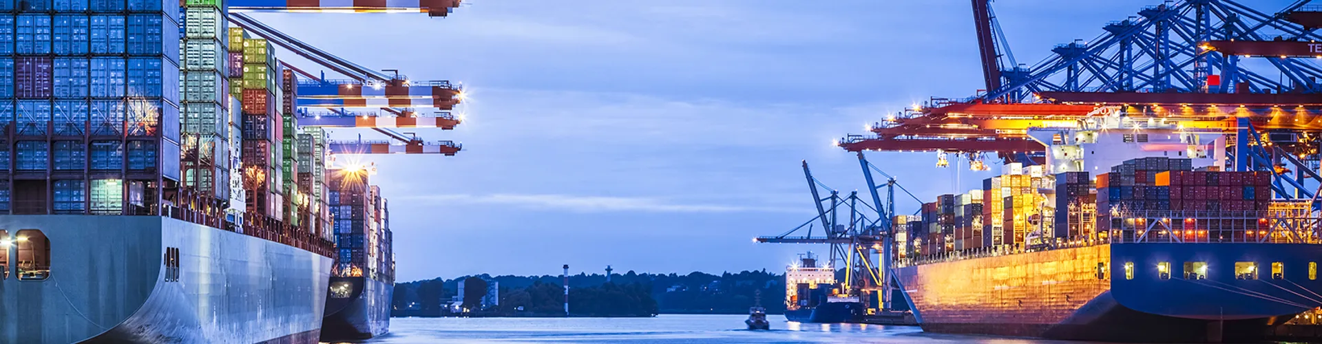 Vibrant port scene at dusk with moored container ships, cranes, and stacked containers.